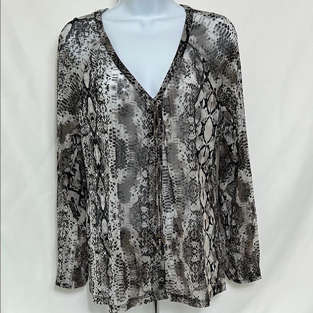 Inc Women’s Size Large Sheer Lace Up Top Front Pullover Snakeskin Print Blouse